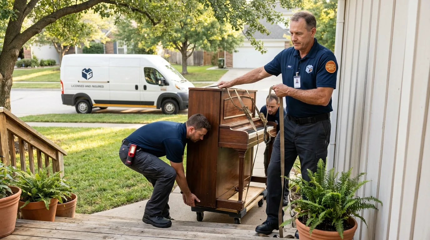 Licensed piano movers securing grand piano in Brodhead, WI