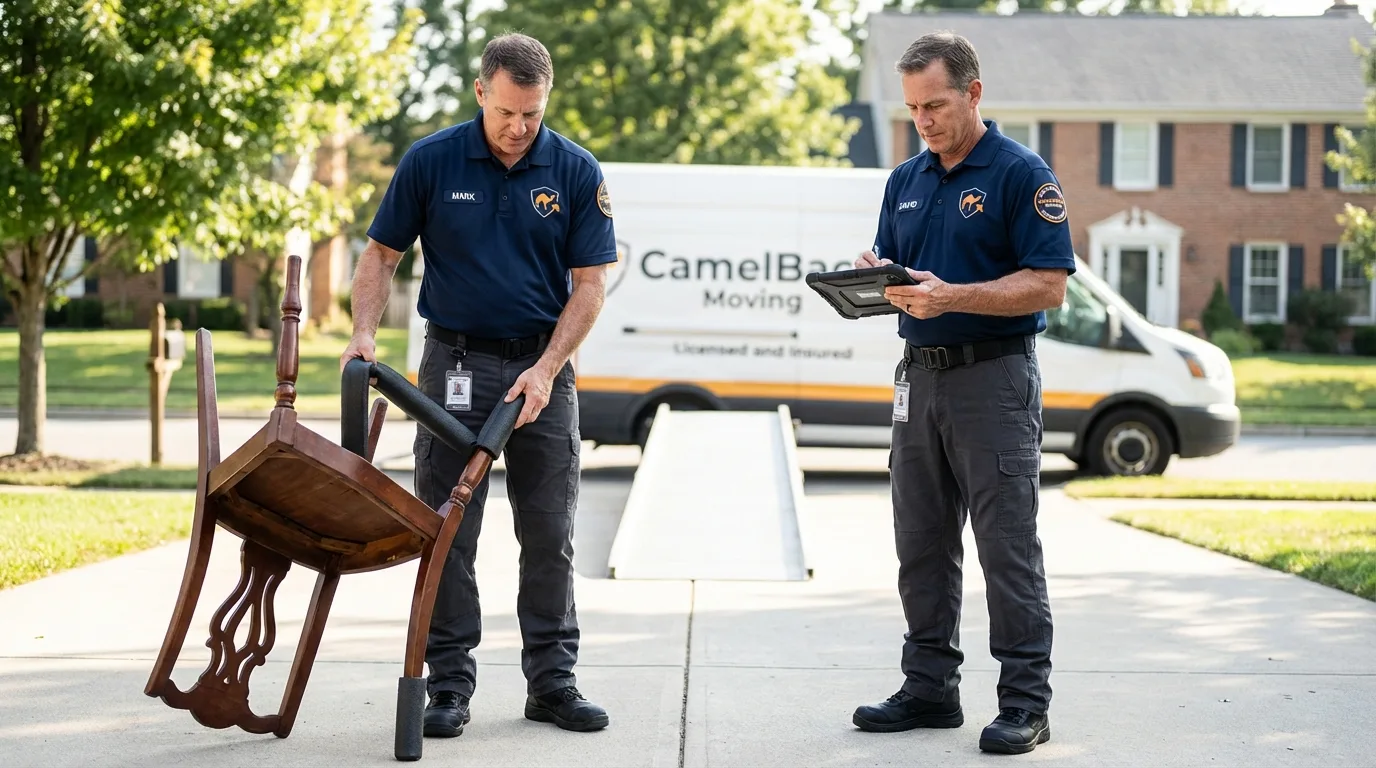 Movers inspecting furniture for damage prevention before loading in Brodhead, WI